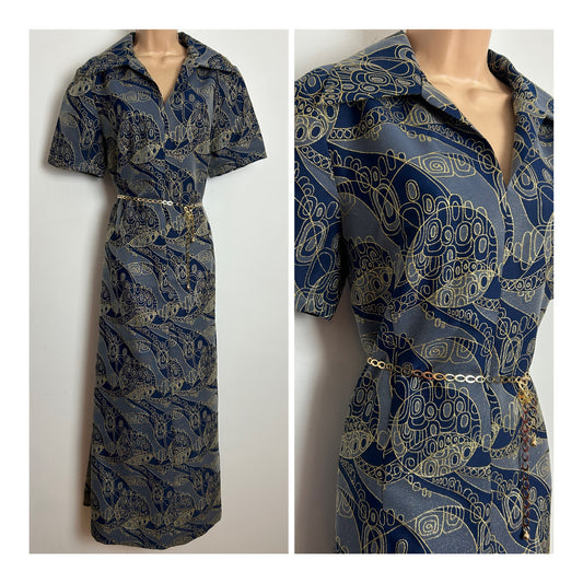 Vintage 1970s size 14 Blue & Gold Tones Abstract Print Belted Occasion Evening Maxi Dress