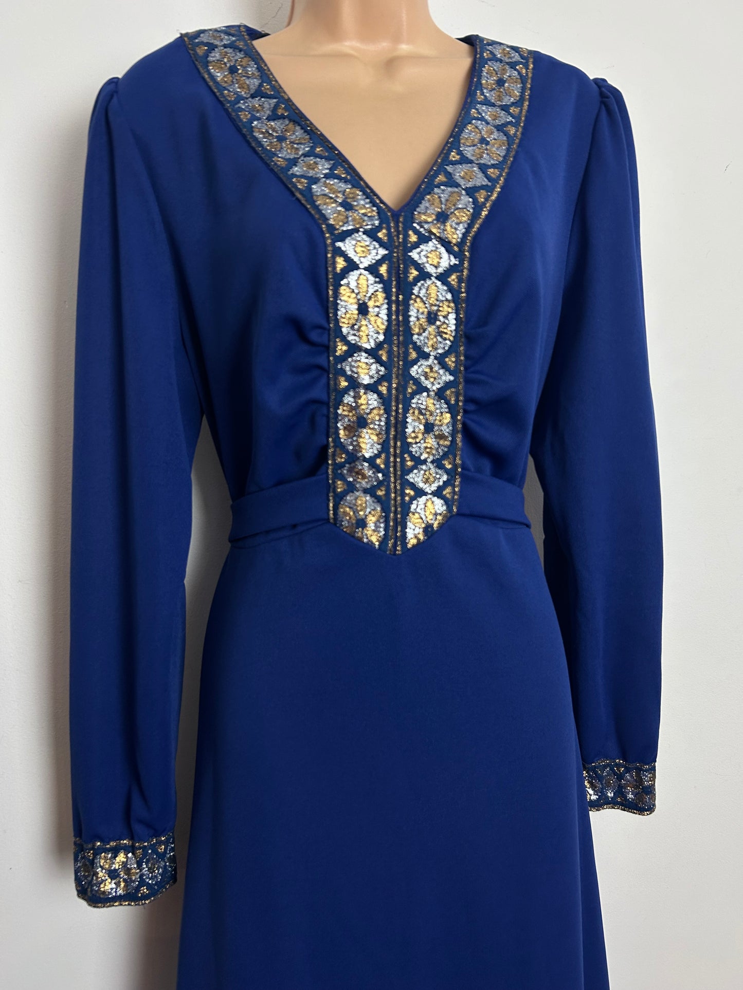 Vintage 1970s Size 16 Navy Blue Silver & Gold Braid Trim Long Sleeve Tie Back Evening Maxi Dress