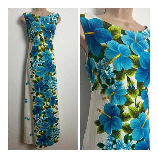 Vintage 1960s UI-MAIKAI Size 8-10 Cotton White & Blue Hibiscus Floral Print Maxi Dress