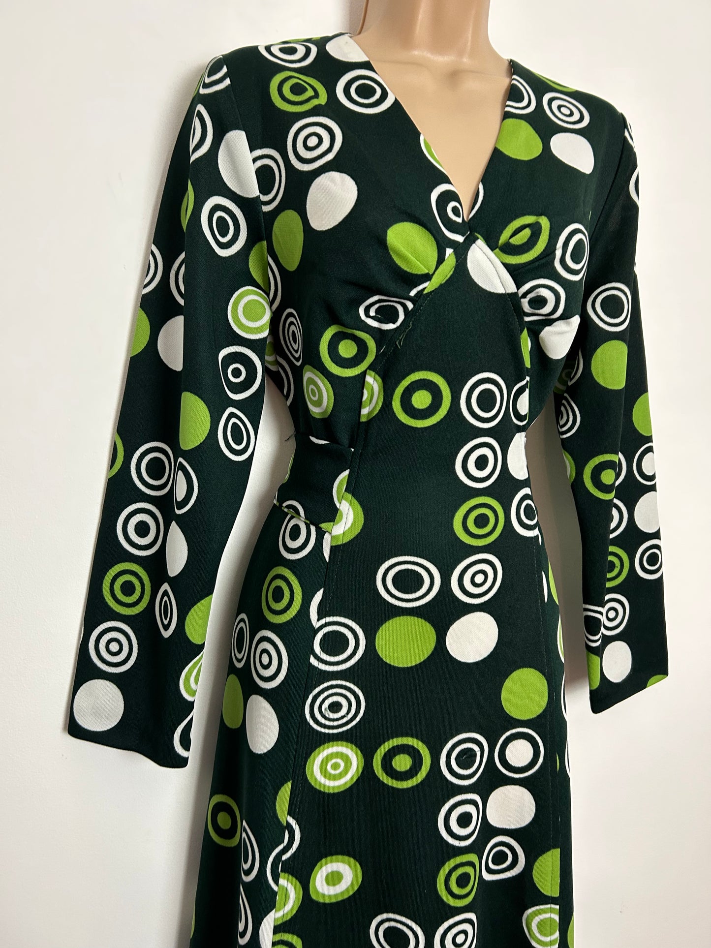 Vintage 1970s UK Size 14 Green & White Circle Print Long Sleeve Tie Back Boho Maxi Dress