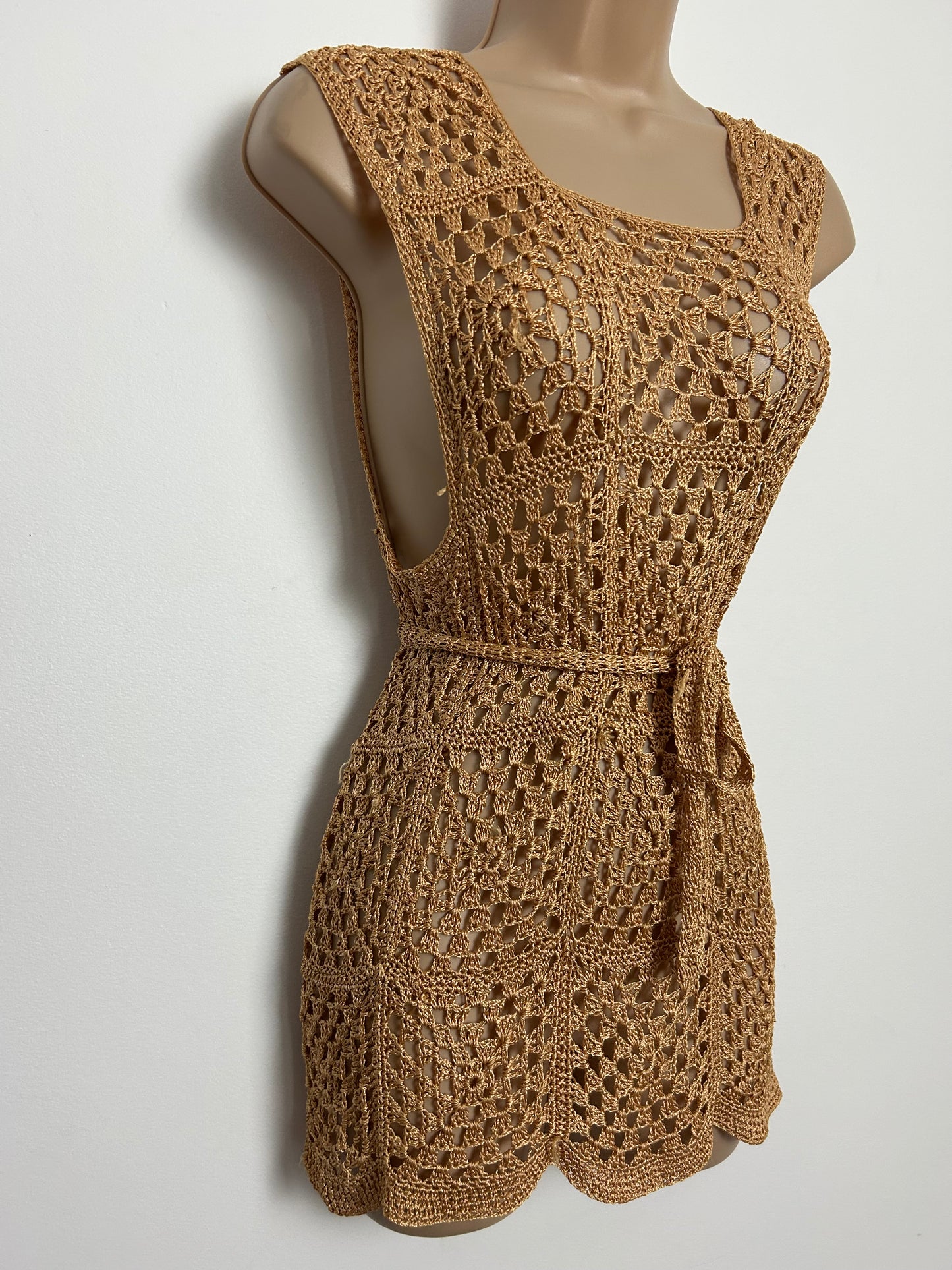 Vintage Size 8 Dark Beige Open Sided Belted Crochet Cover Up Top