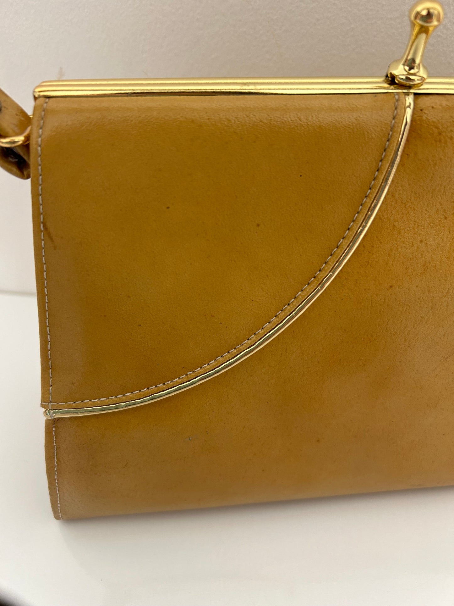 Vintage Early 1960s K HANDBAGS Camel Brown Leather Small Kelly Handbag