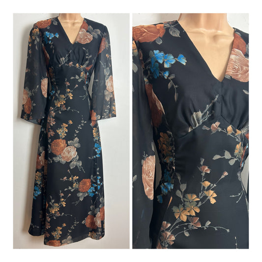 Vintage 1970s Size 8 Black Brown & Blue Floral Print Long Flared Sleeve Chiffon Boho Maxi Dress