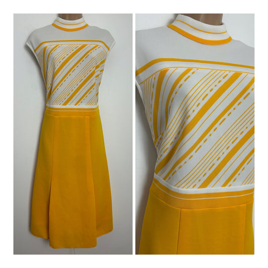 Vintage 1960s Size 14 Yellow & White Stripe Print Sleeveless Mod Scooter Shift Dress