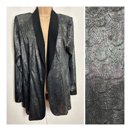 Vintage 1980s Up To Size 16 Black & Dark Silver Lurex Blazer Style Open Fronted Jacket/Cover Up