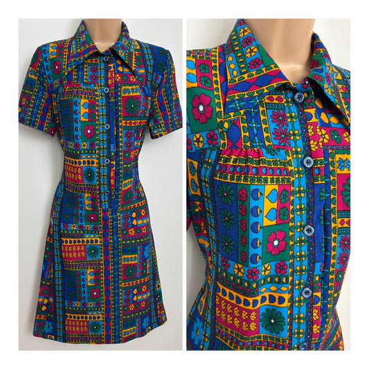 Vintage 1970s Size 12 Blue Orange Maroon & Green Abstract Floral Print Dagger Collar Mod Shift Dress