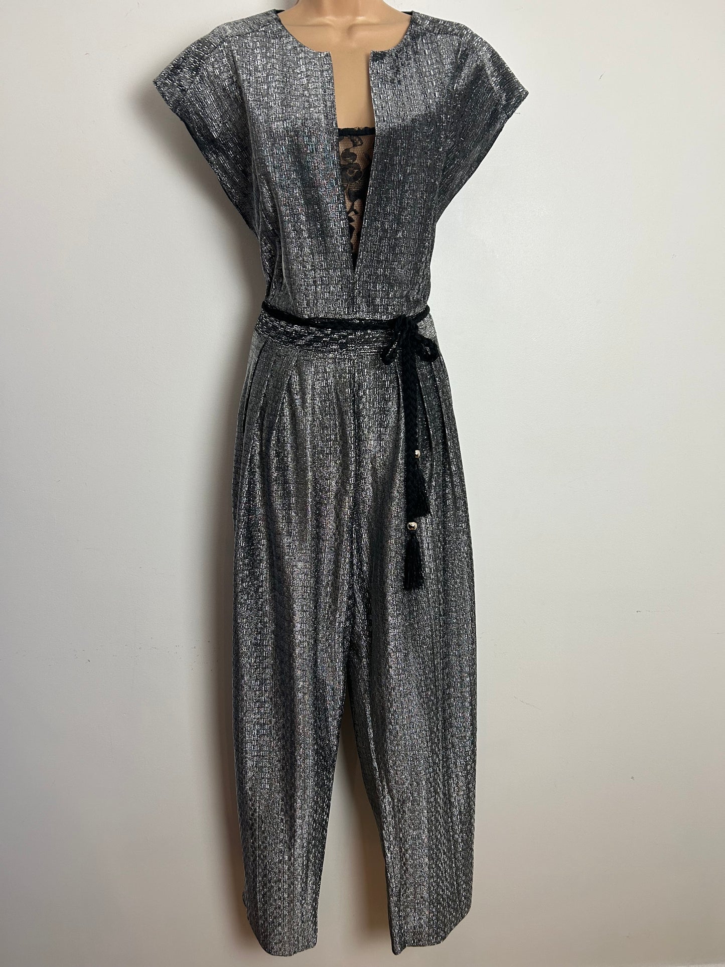 Vintage 1980s Size 14 Silver Metallic Silver Lurex Lace Panel Belted Xmas Party Evening Disco Jumpsuit