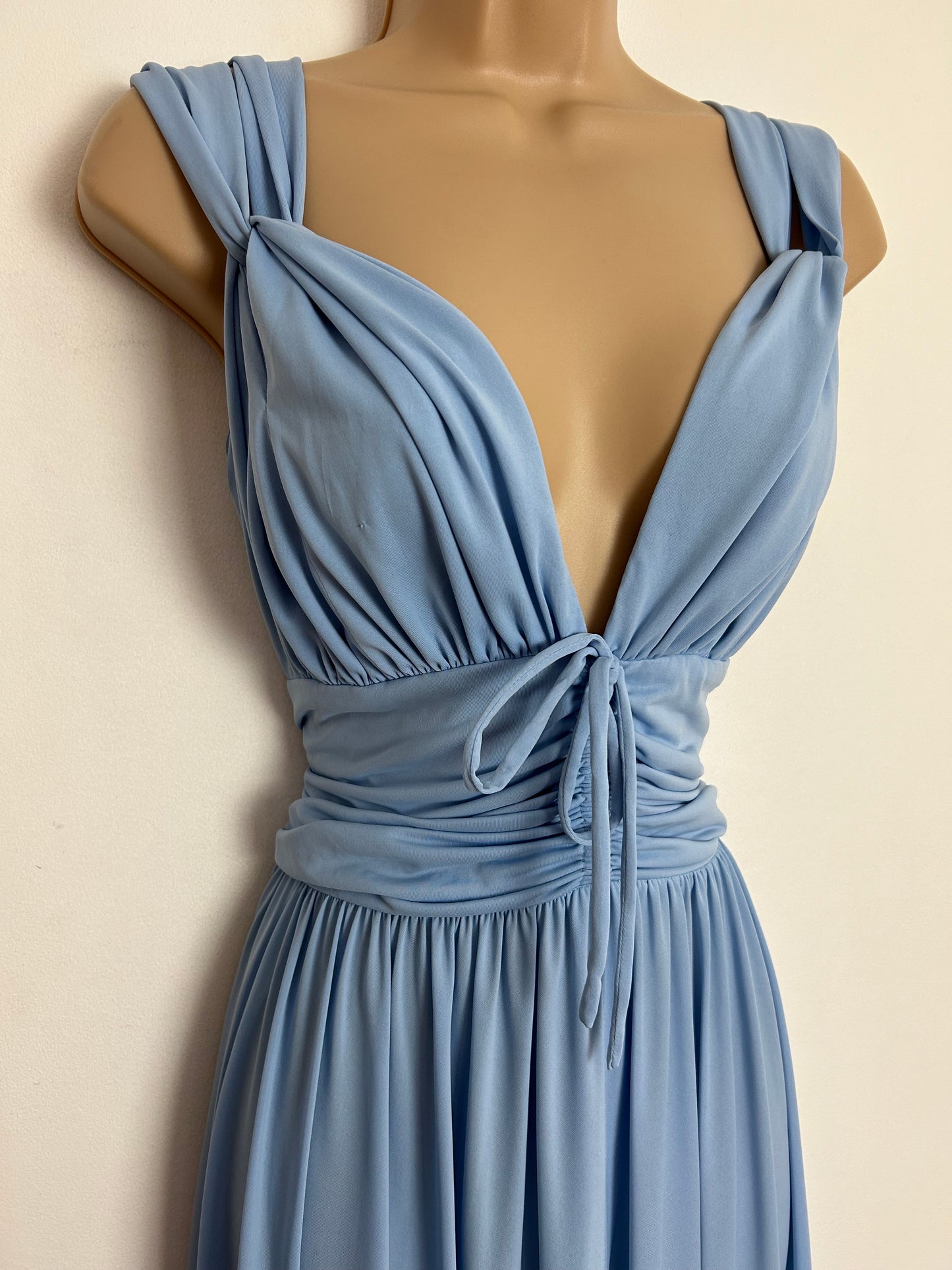 Vintage 1970s JOHN CHARLES UK Size 6-8 Beautiful Powder Blue Plunge Neck Special Occasion Maxi Dress