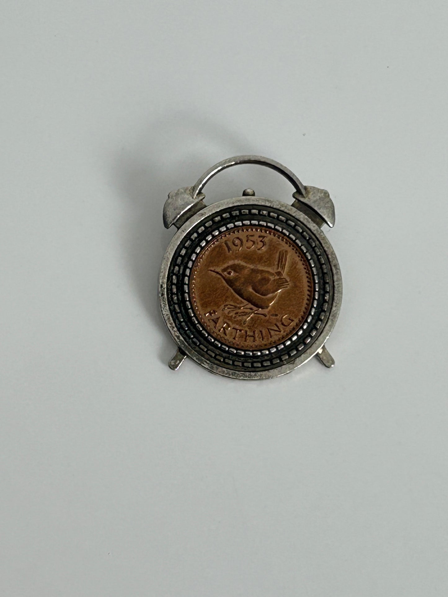 Vintage 1950s RARE Silver Tone 1953 Farthing Coin Set Clock Pin Brooch