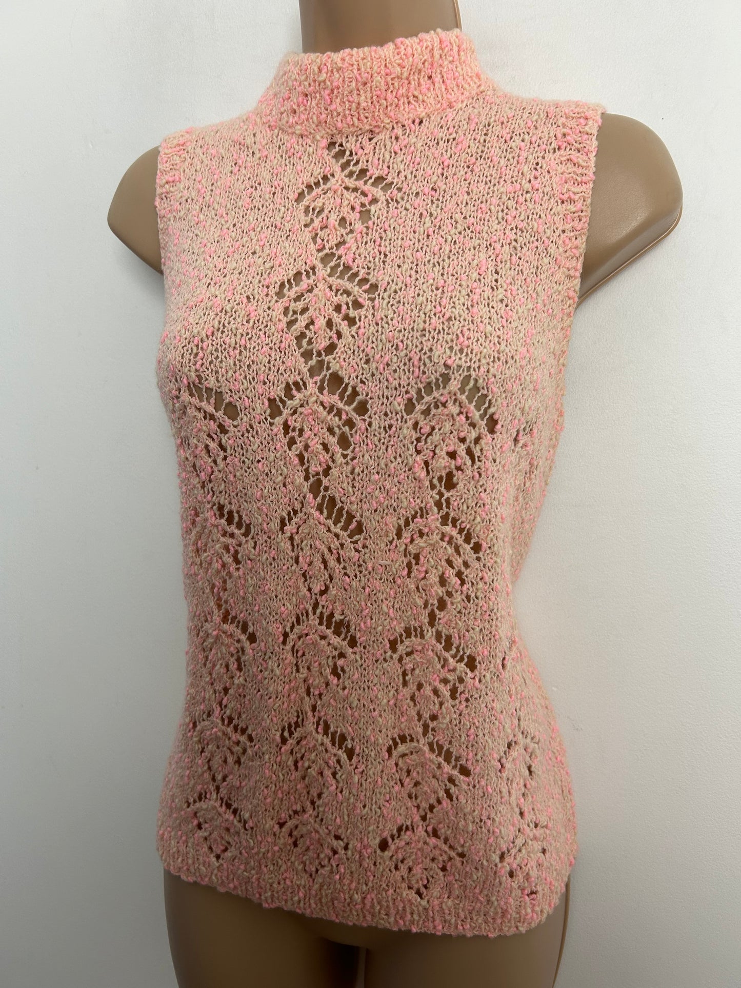 Vintage 1960s Size 10-12 Pin Tones Bobble Wool Turtle Neck Sleeveless Jumper/Tank Top