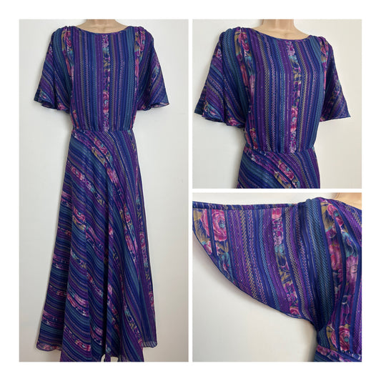Vintage Late 1970s Size 12-14 Blue Purple & Pink Floral & Stripe Gold Thread Flutter Sleeve Boho Maxi Dress
