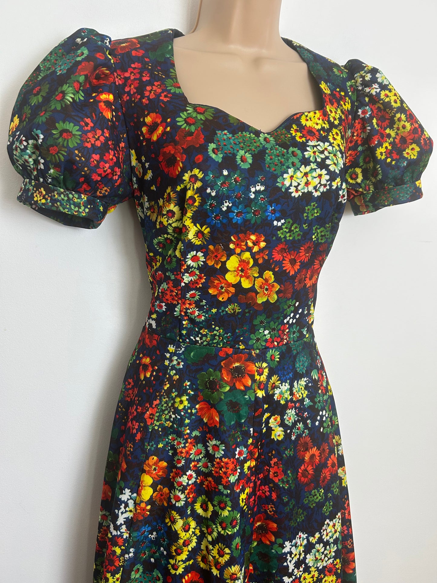 Vintage 1970s Size 8-10 Navy Blue Red Yellow & Green Floral Print Short Sleeve Boho Maxi Dress