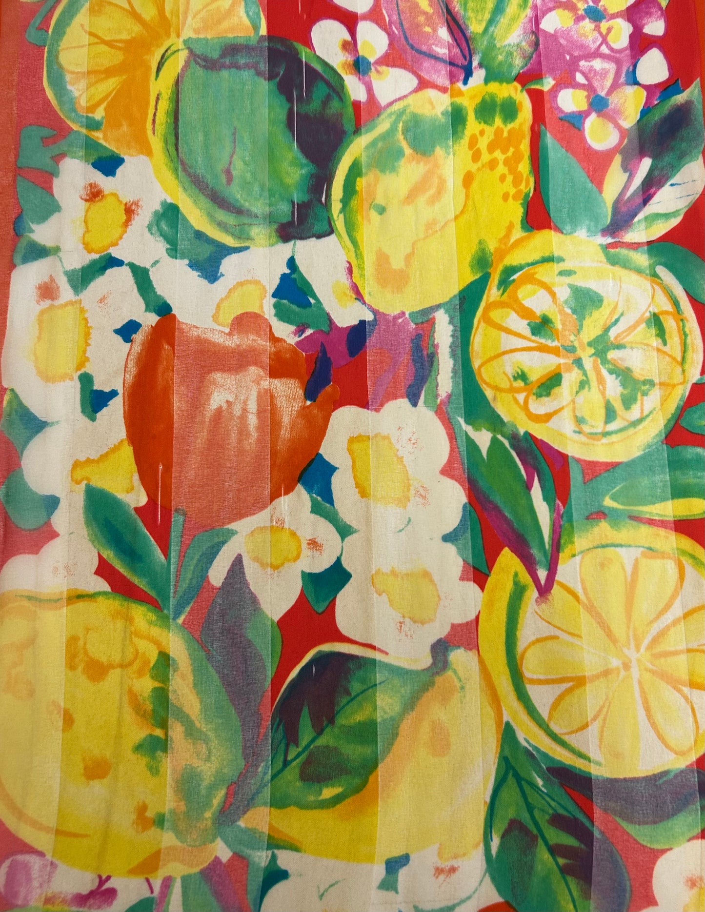 Vintage C&A Orange Yellow & Green Floral & Lemons Print Long Chiffon Scarf 154cm x 41cm
