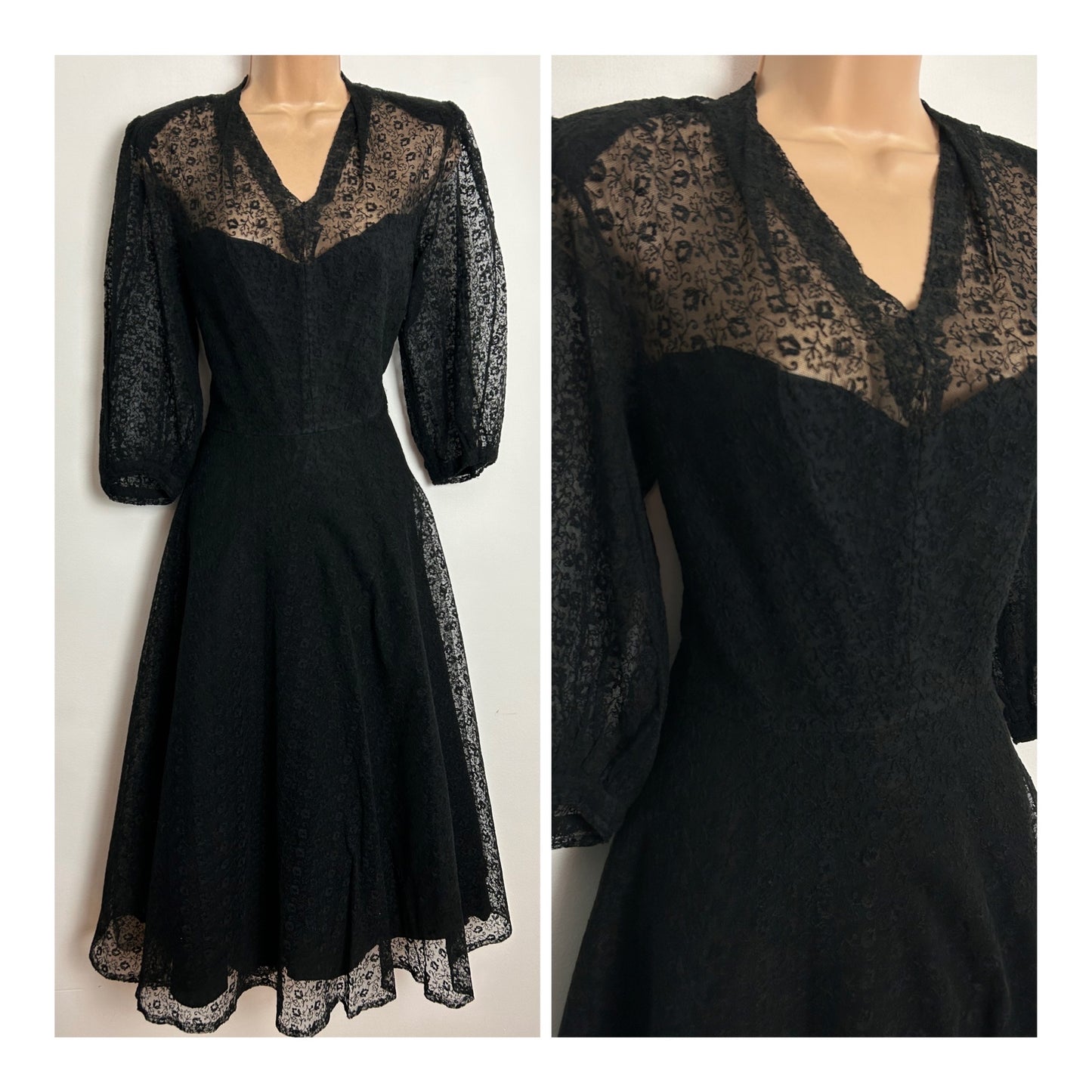 Vintage Late 1940s HEIRESS UK Size 10 Beautiful Black Lace Long Sleeve Illusion Neck Occasion Party Evening Dress