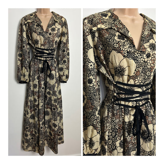 Vintage 1970s THE SWITCH BY MARTIN EMPEREX UK Size 12 Beige & Brown Tones Floral Print Maxi Dress