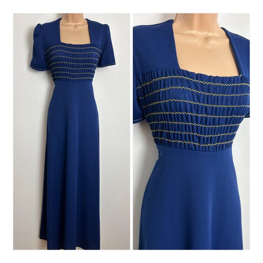 Vintage 1970s Size 12-14 Navy Blue Shirred Bodice Short Sleeve Tie Back Maxi Dress