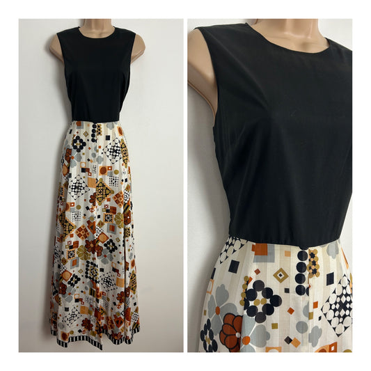 Vintage 1970s UK Size 8 Black White Rusty Brown Sandy Beige & Grey Floral Square & Spot Print Sleeveless Maxi Dress