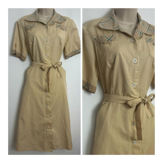 Vintage 1970s Size 12-14 Beige Contrast Check Print Cotton Mix Belted Shirt Style Day Dress