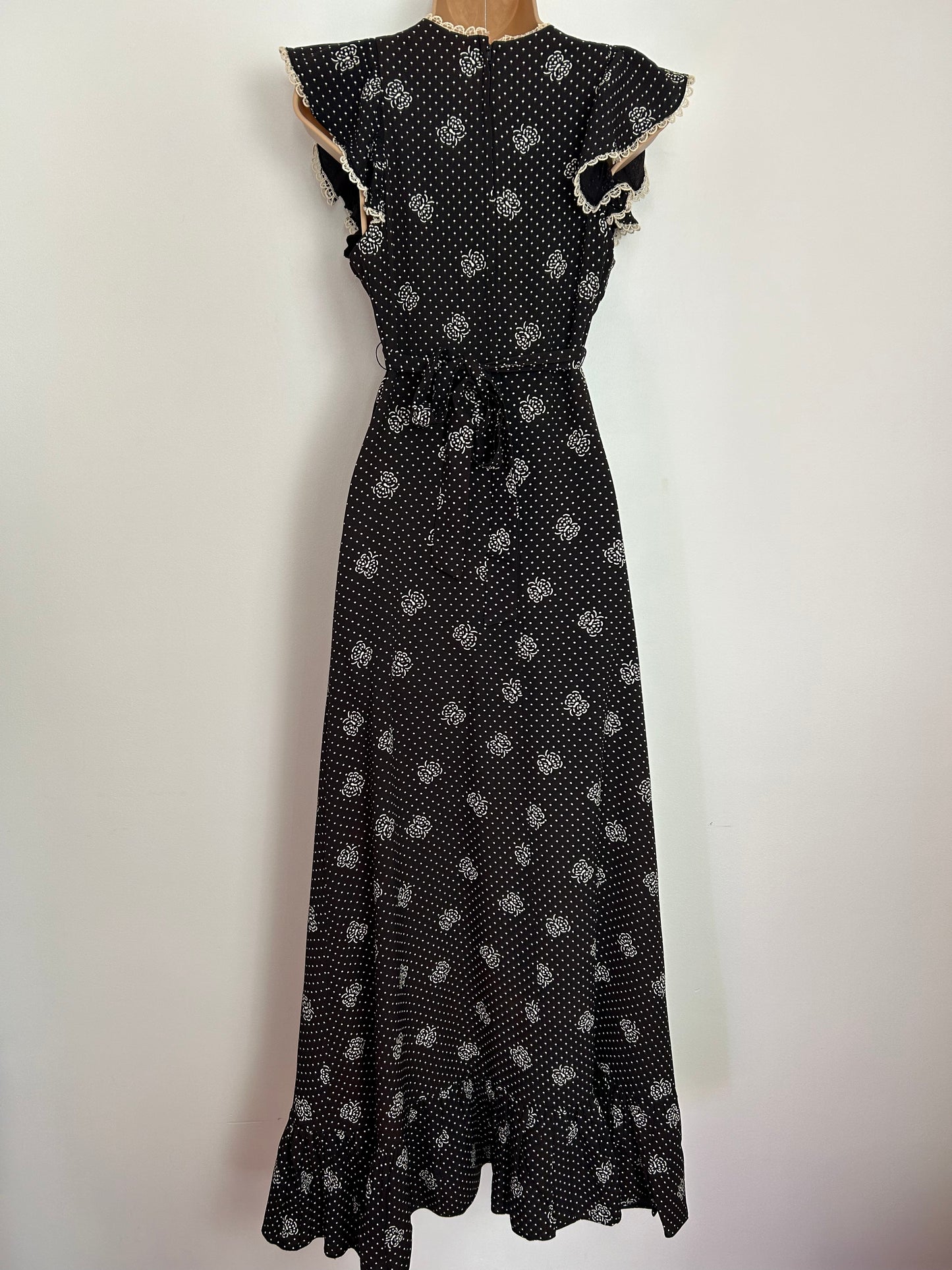 Vintage 1970s UK Size 8 JOSEPH RIBKOFF Darkest Brown & White Butterfly & Polka Dot Print Boho Prairie Maxi Dress