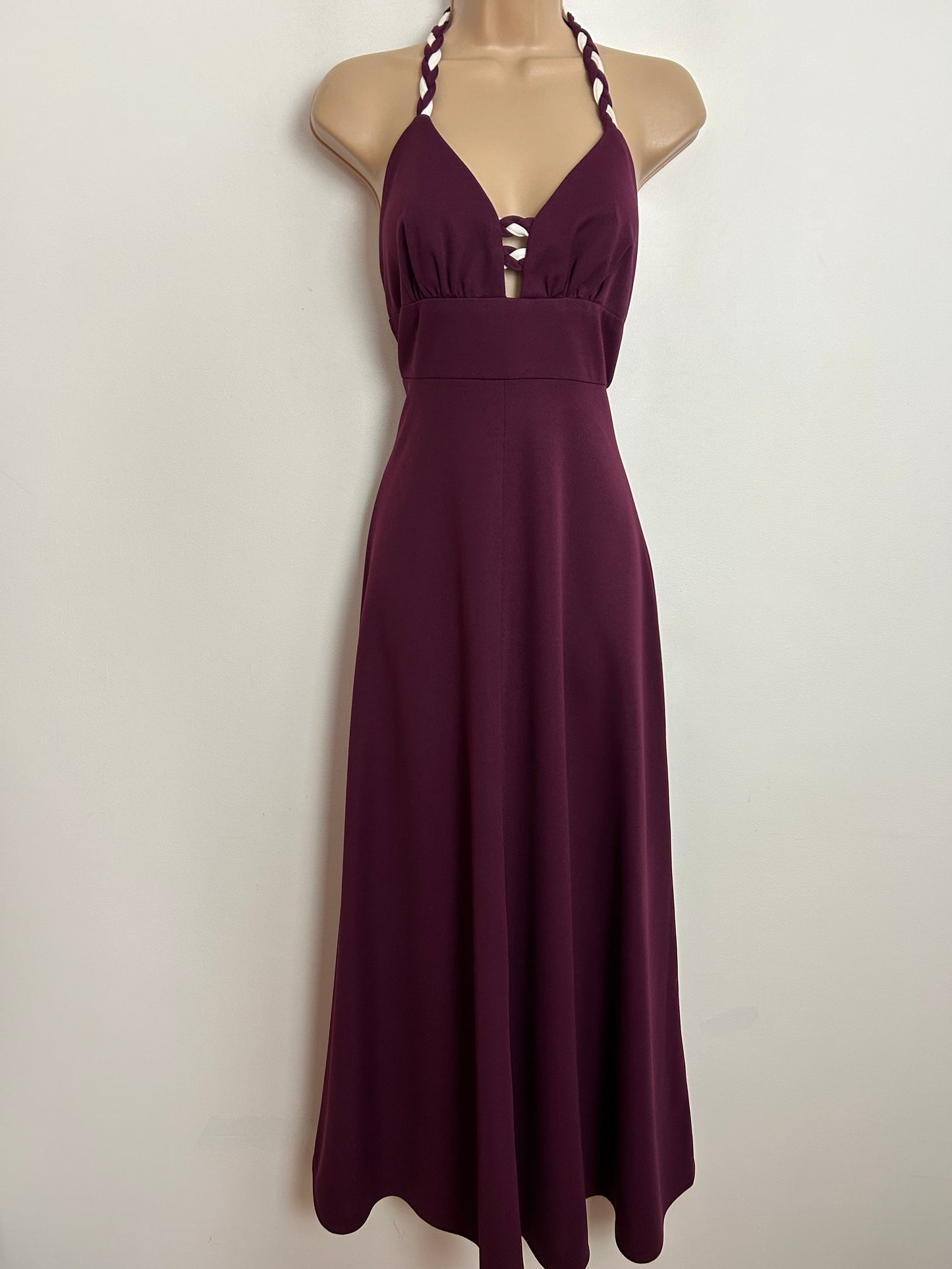 Vintage 1970s UK Size 8 PEGGY PAGE Plum Purple Plaited Halterneck Open Back Plunge Neck Summer Maxi Dress