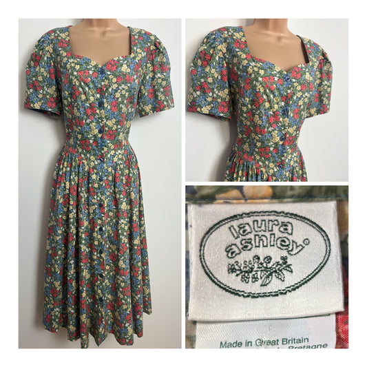 Vintage 1980s LAURA ASHLEY Size 12 Green Coral Blue & Lemon Floral Cotton Midi Tea Dress