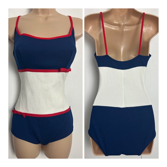 Vintage 1960s JIL SPORT Size 10 Navy Blue Red & White Bow Detail Mod Swimsuit
