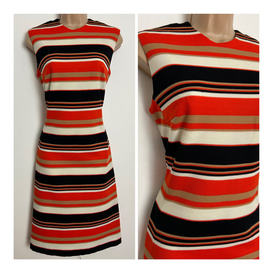 Vintage 1960s Size 10-12 Orange White Black & Beige Stripe Print Sleeveless Mod Dress