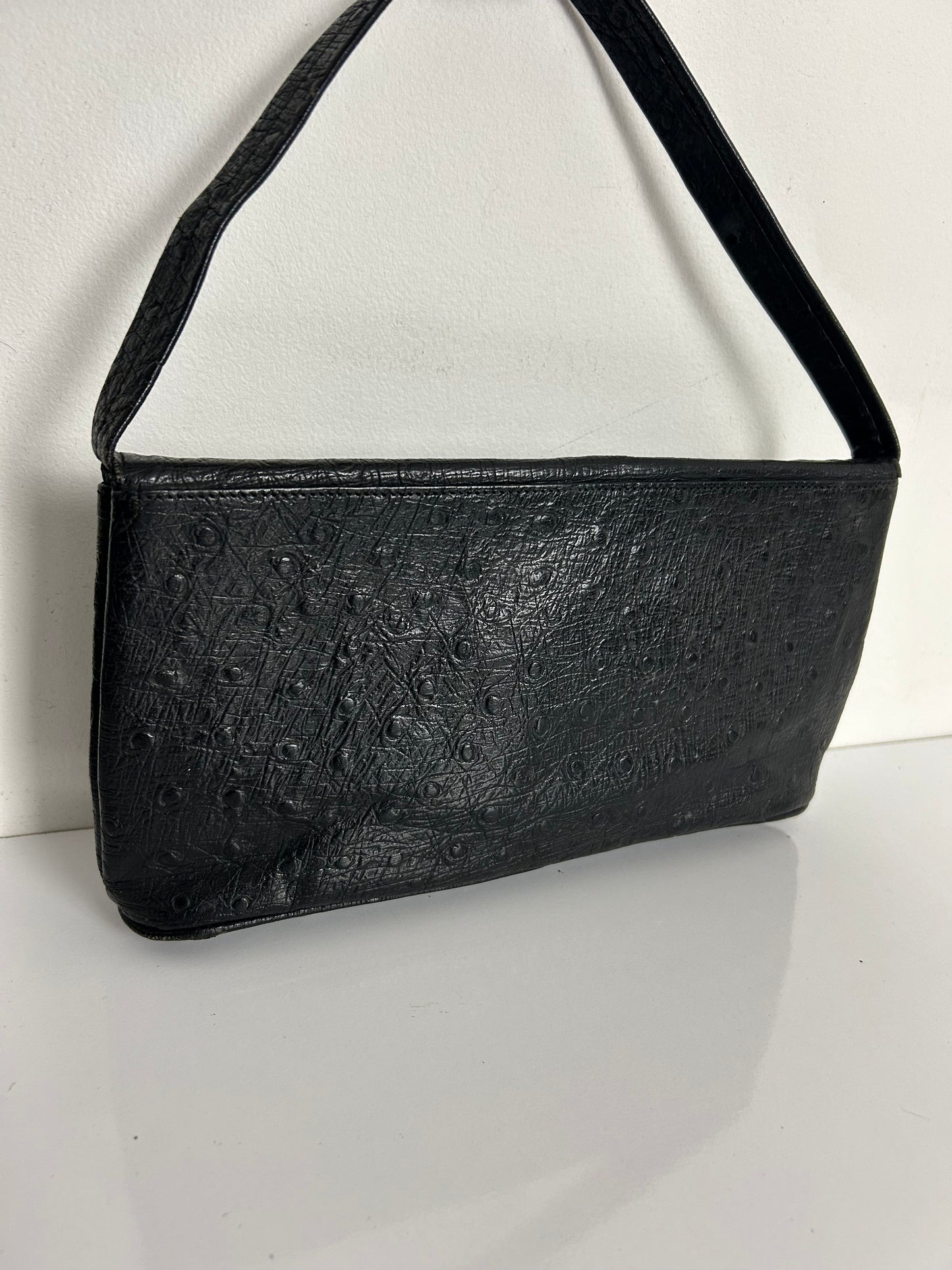 Vintage 1960s Black Ostrich Print Leather Small Handbag