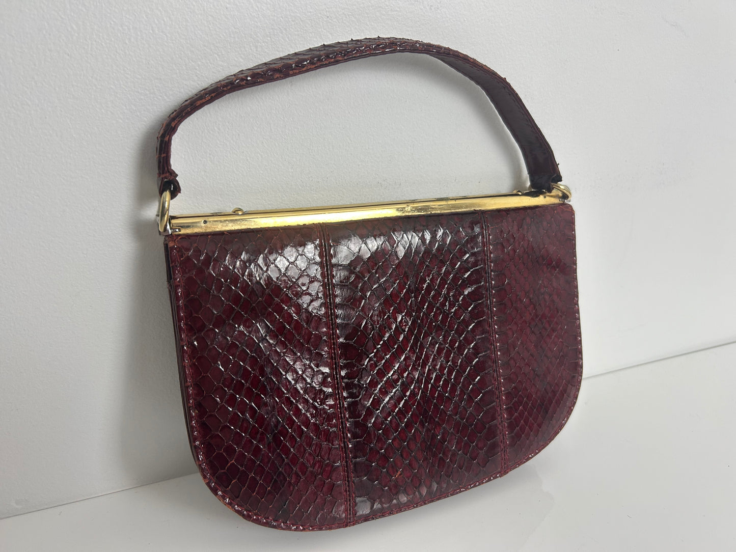 Vintage 1970s MAGLI Made In Italy Red Oxblood Snake Skin Unusual Shaped Handbag