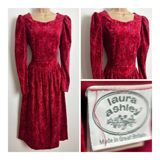 Vintage 1980s LAURA ASHLEY Size 8/10 (Size 12 On Label) Red Floral Print Velvet Midi Dress