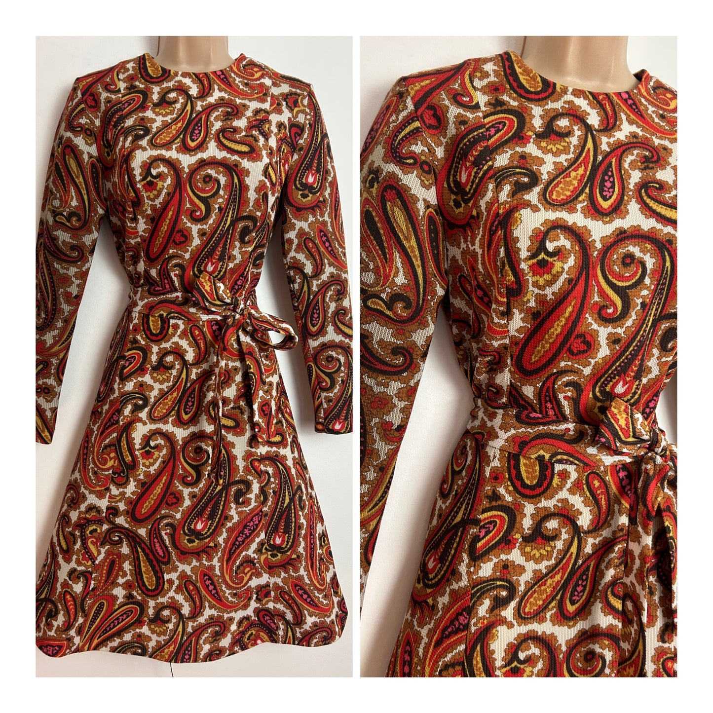 Vintage Late 1960s ST MICHAEL UK Size 10 Brown Red & Mustard Yellow Paisley Print Long Sleeve Belted Mod Dress