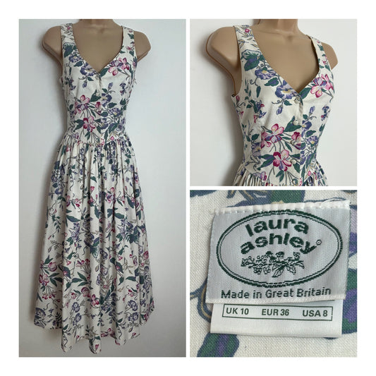 Vintage 80s LAURA ASHLEY Size 6 (Size 10 On Label) White Floral Cotton Summer Dress