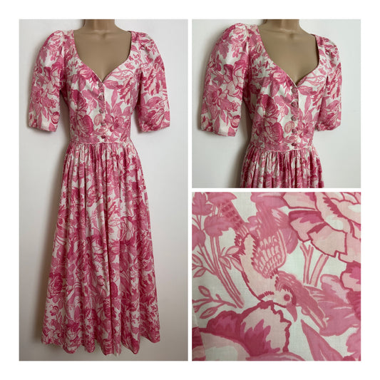 Vintage 1980s LAURA ASHLEY Size 10 (14 On label) Pink & white Floral Bird & Butterfly Print Cotton Midi Dress