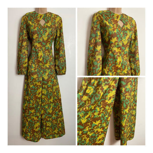Vintage Late 1960s UK Size 10 Green Brown & Yellow Abstract Print Long Sleeve Wide Leg Keyhole Jumpsuit