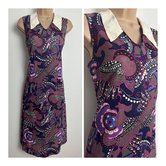 Vintage 1970s Size 12 Navy Blue & Dark Pink Floral Print Sleeveless Mod Shift Dress