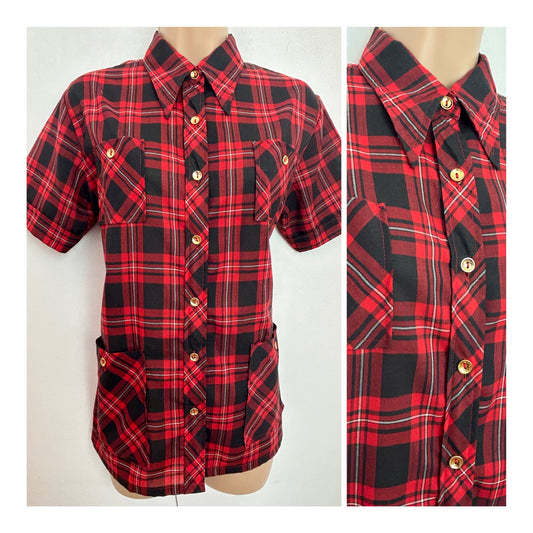 Vintage 1970s UK Size 12-14 Black & Red Tartan Check Short Sleeve Cotton Mix Dagger Collar Shirt
