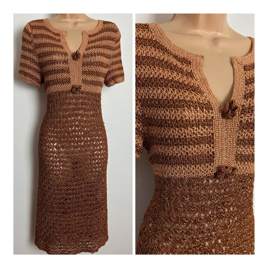 Vintage Late 1960s Size 10-12 Bronze & Sandy Beige Crochet Metallic Thread Short Sleeve Shift Dress