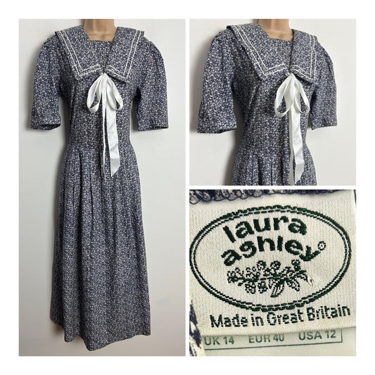 Vintage 1980s LAURA ASHLEY Size 14 Navy Blue & White Floral 100% Cotton Sailor Collar Bow Detail Midi Dress