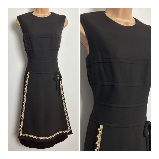 Vintage 1960s ZOLLNER Size 10 Brown Sleeveless Gold Lace Braid Trim Mod Dress