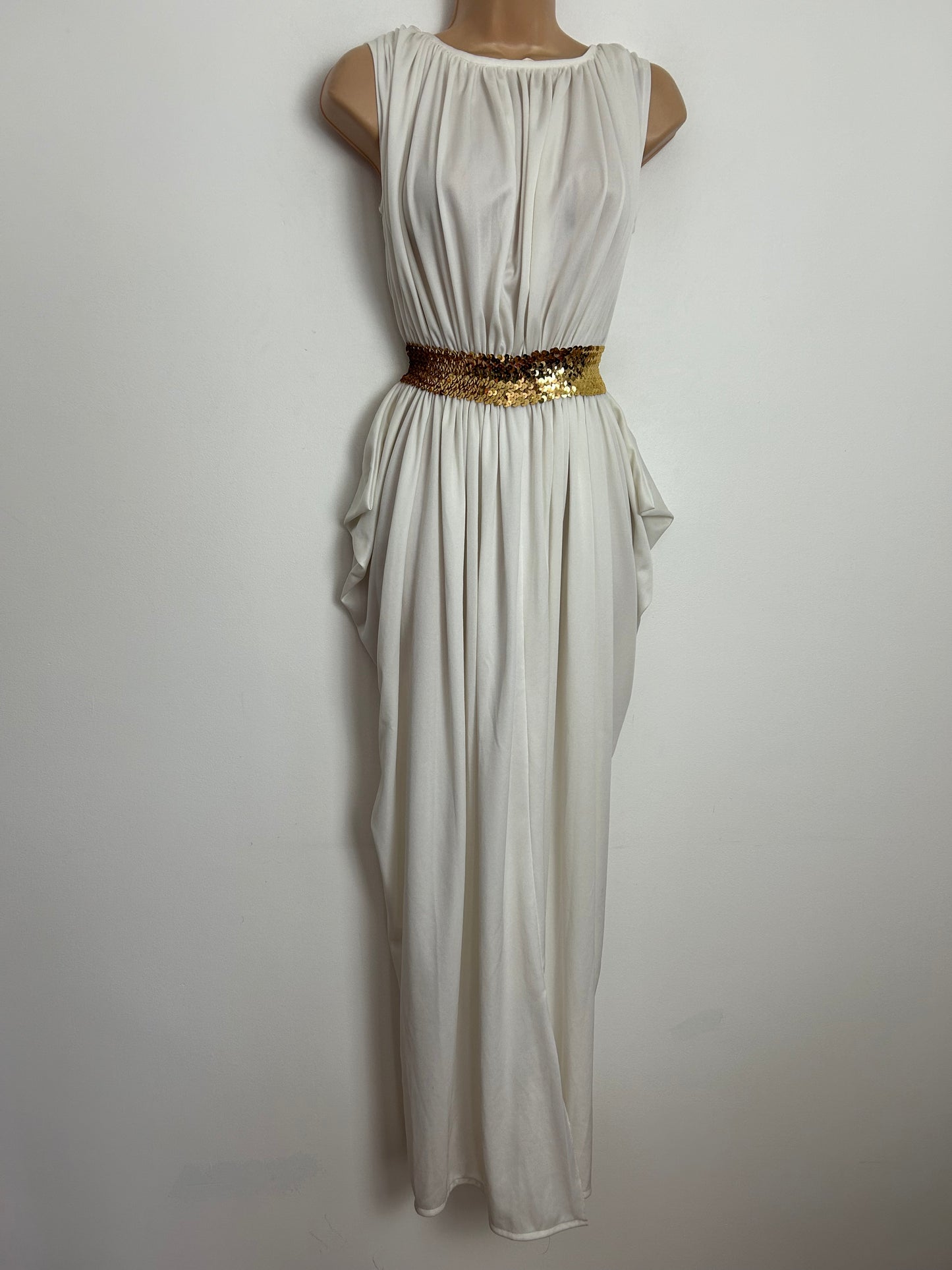 Vintage Late 1970 TRINA LEWIS & MARJON COUTURE UK Size 8-10 White Sleeveless Gold Sequin Detail Draped Grecian Style Occasion Maxi Dress