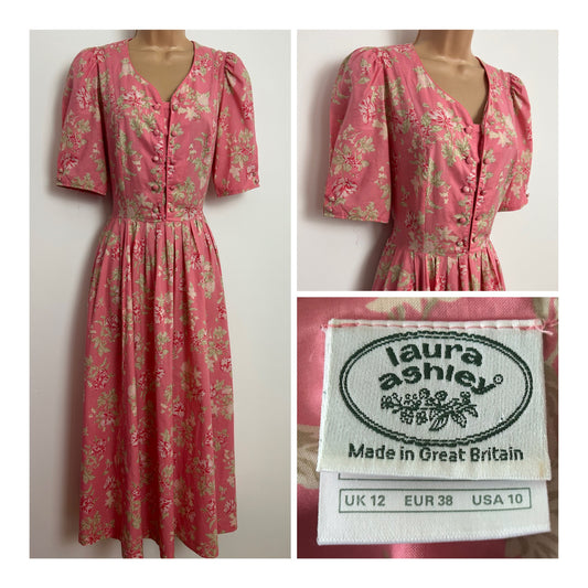 Vintage 1980s LAURA ASHLEY Size 8 (12 On Label) Pink Floral Print Cotton Midi Tea Dress