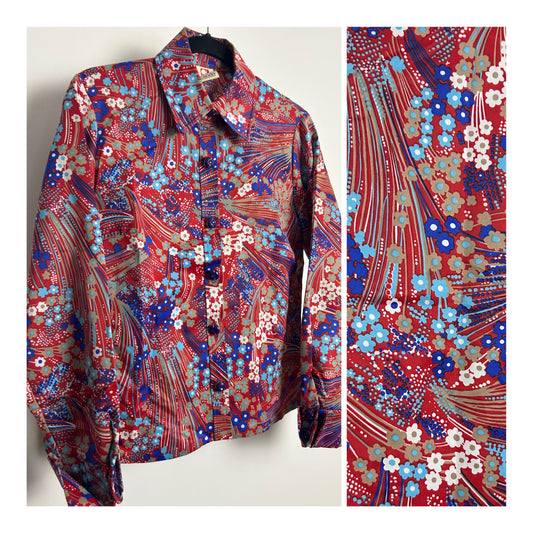 Vintage 1970s CANDA INTERNATIONAL Size 14 Red Blue & White Floral Print Long Sleeve Shirt