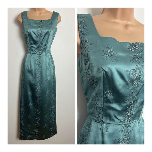 Vintage Early 1960s Size 6 Duck Egg Blue Floral Satin Jacquard Occasion Dress