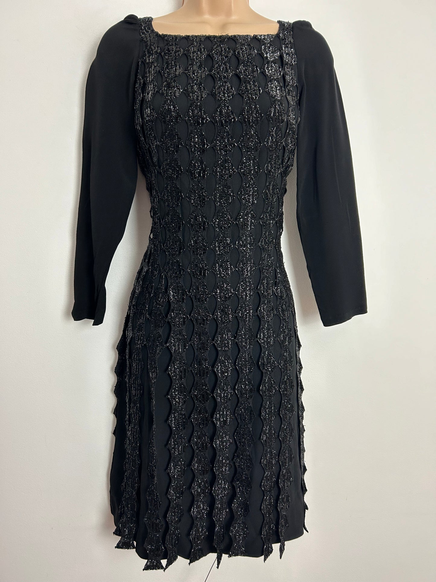 Vintage 1960s UK Size 6-8 Black Chiffon Crepe Cut Out Outer Shell Detail Occasion Cocktail Shift Dress