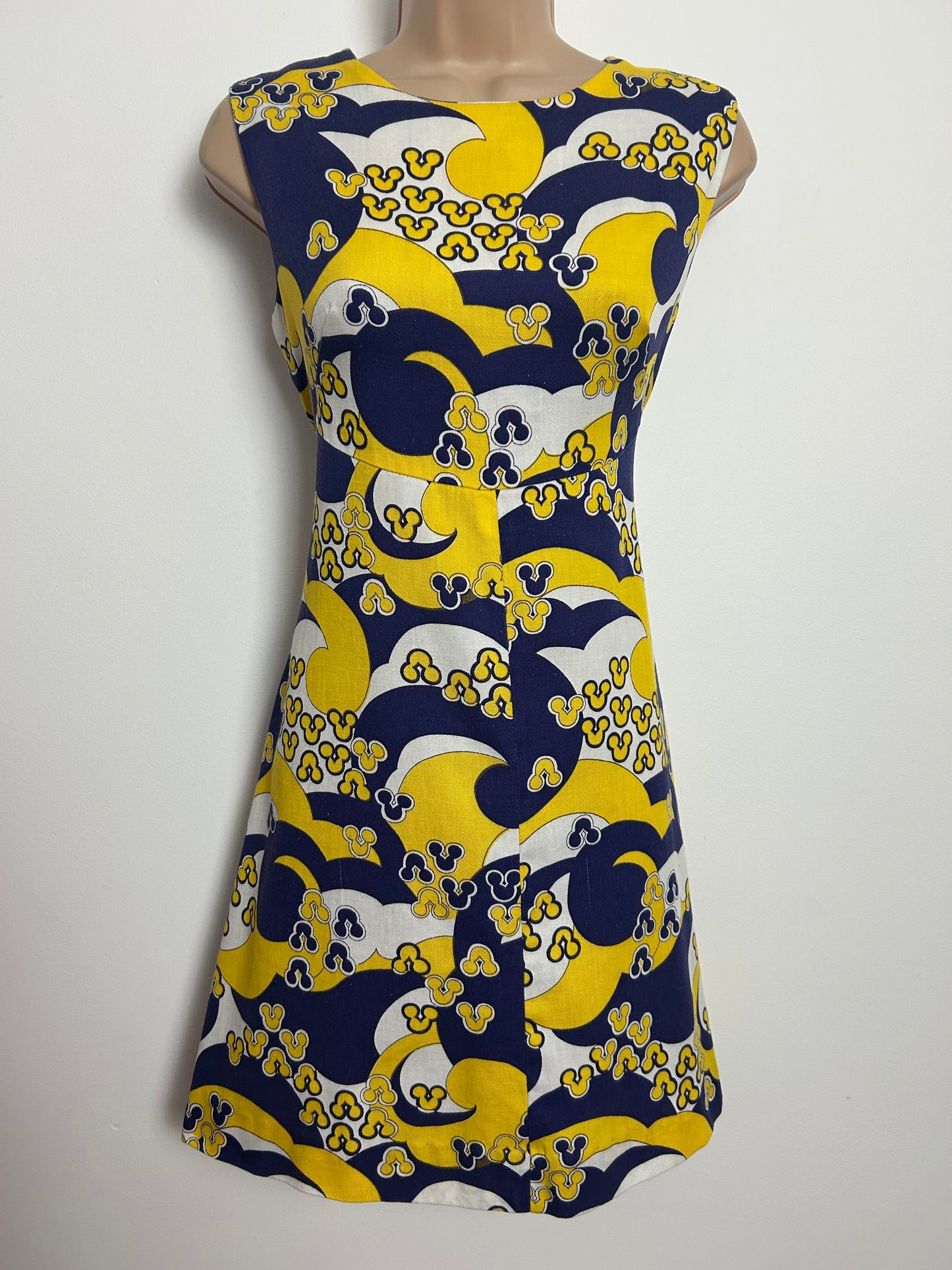 Vintage 1960s Size 8 Navy Blue Yellow & White Psychedelic Print Cotton Mini Mod Shift Dress