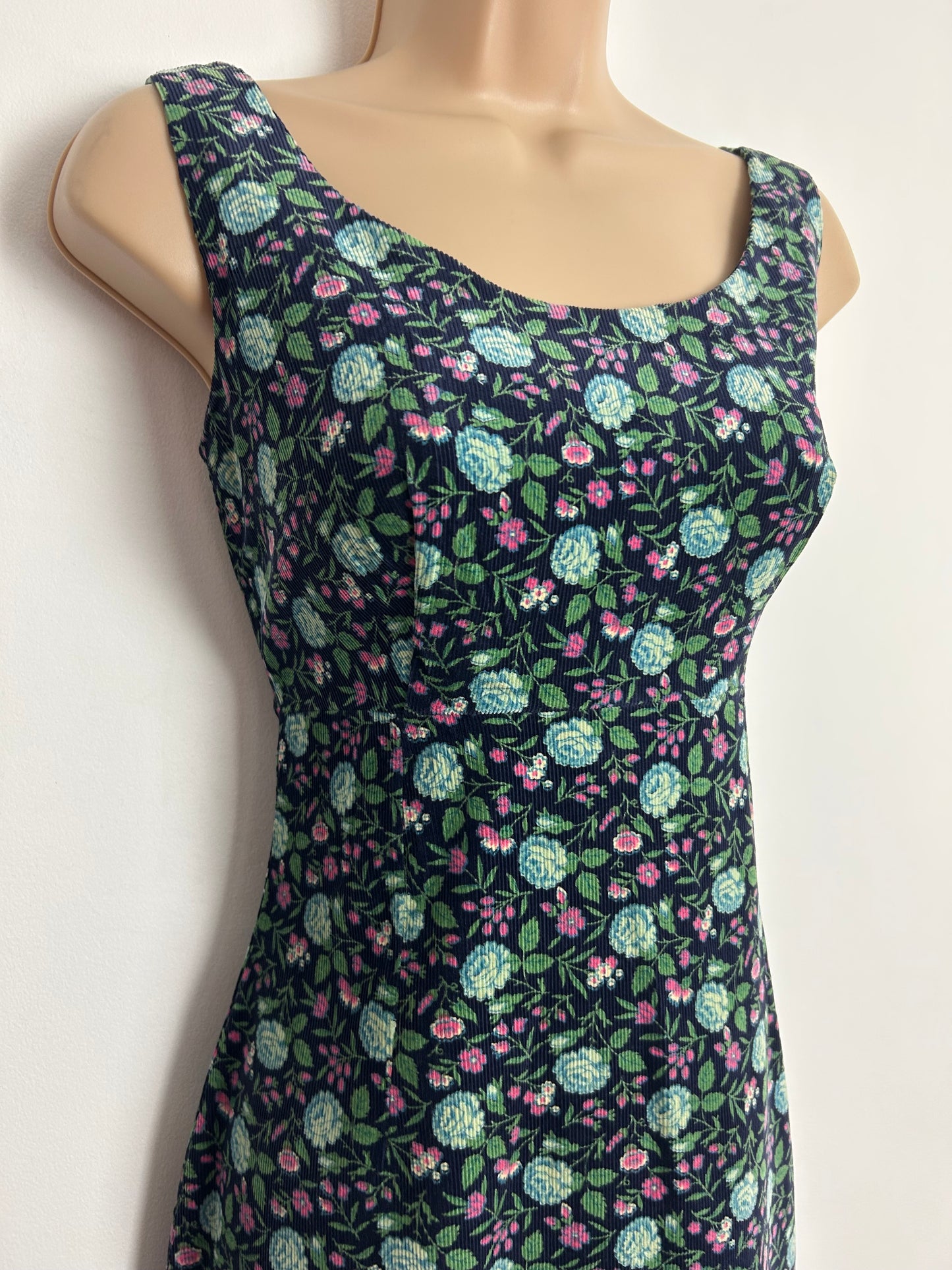 Vintage 1970s FLORINE PARIS Size 8 Navy Blue Pink & Green Floral Print Needlecord Corduroy Day Dress