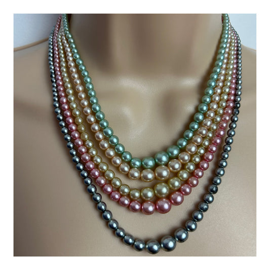 Vintage 1960s Pastel Faux Pearl Multistrand Necklace With Marcasite Clasp