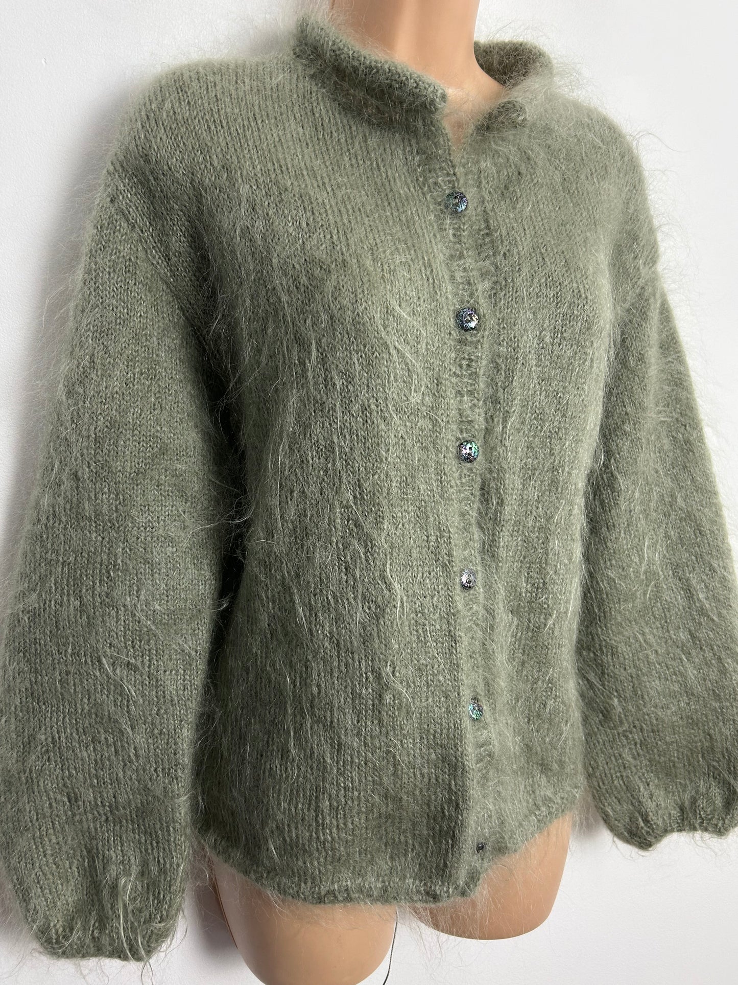 Vintage 1980s Up To Size 16 Sage Green Mohair Mix Long Sleeve Cardigan