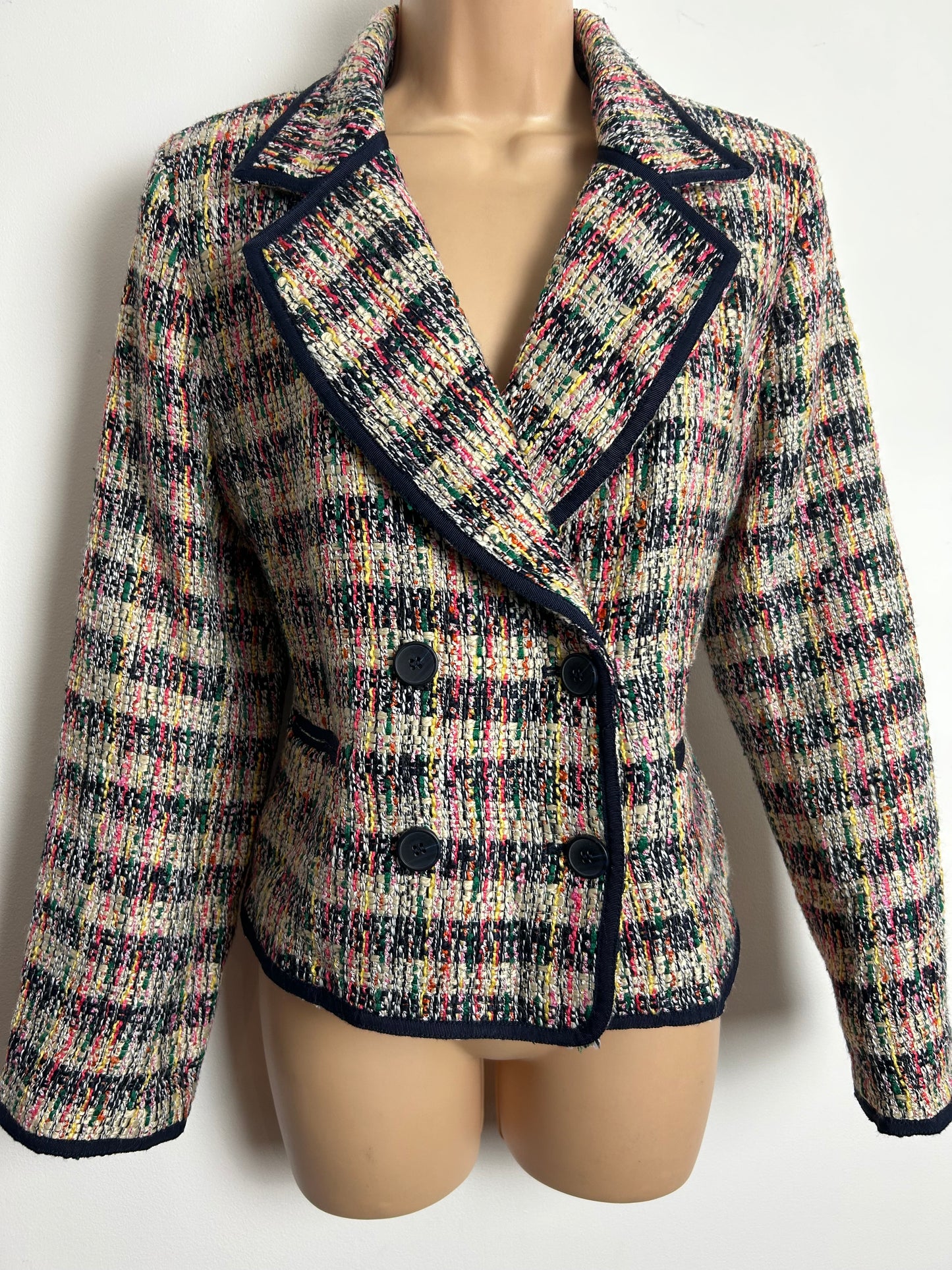 Vintage 1990s TALBOTS PETITE Size 12-14 Black Beige Green & Pink Tweed Double Breast Blazer