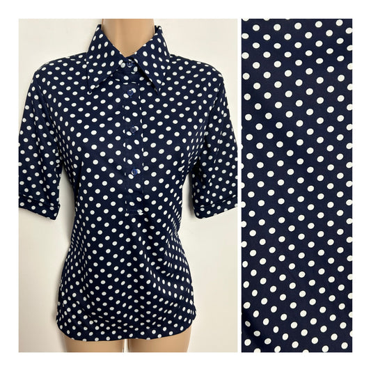 Vintage Early 1980s Size 10-12 Navy Blue & white Polka Dot Print Short Sleeve Top